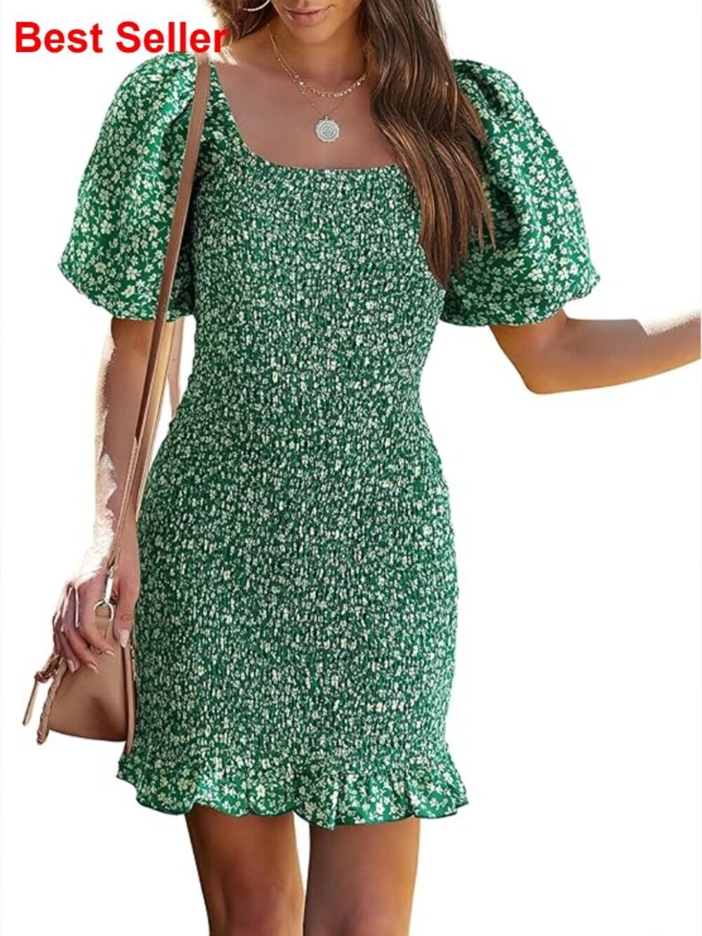 Floral Puff Sleeve Mini Dress Square Neck Ruffle Hem Bodycon Smocked